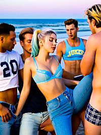 The scene features 3 men and a woman in lingerie at a post party beach gathering